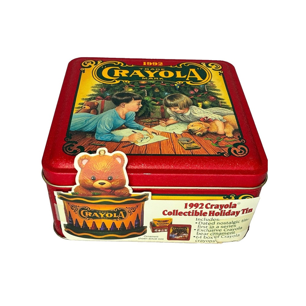 1992 Crayola Collectible Holiday Tin 64 Crayons Bear Ornament VTG Christmas 1992